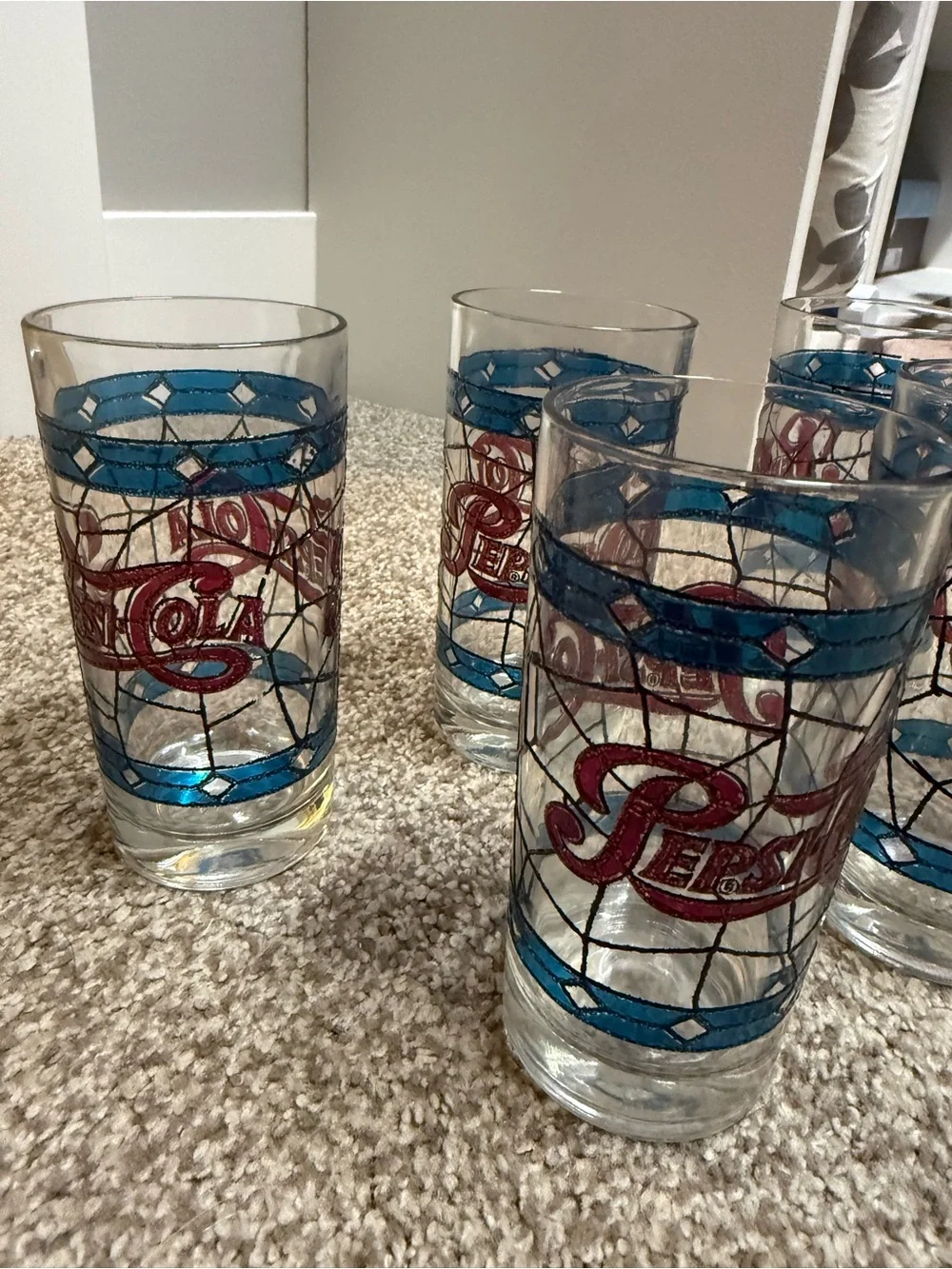 Pepsi-Cola 15 oz Drinking Glasses Set of 6 Blue Stained Glass Vintage  Tumblers